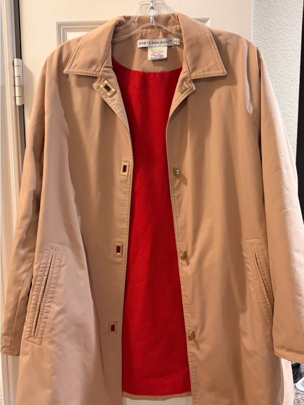 Gretchen Scott Tan Rain Coat with Red Cuff Detail - Picture 5 of 10